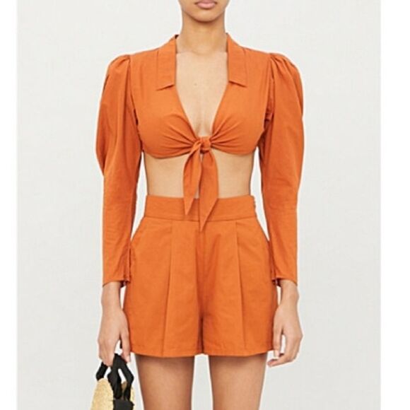 WeWoreWhat Womens Small Bisou Burnt Orange Puff Sleeve Tie Front Crop Blouse - Picture 7 of 16